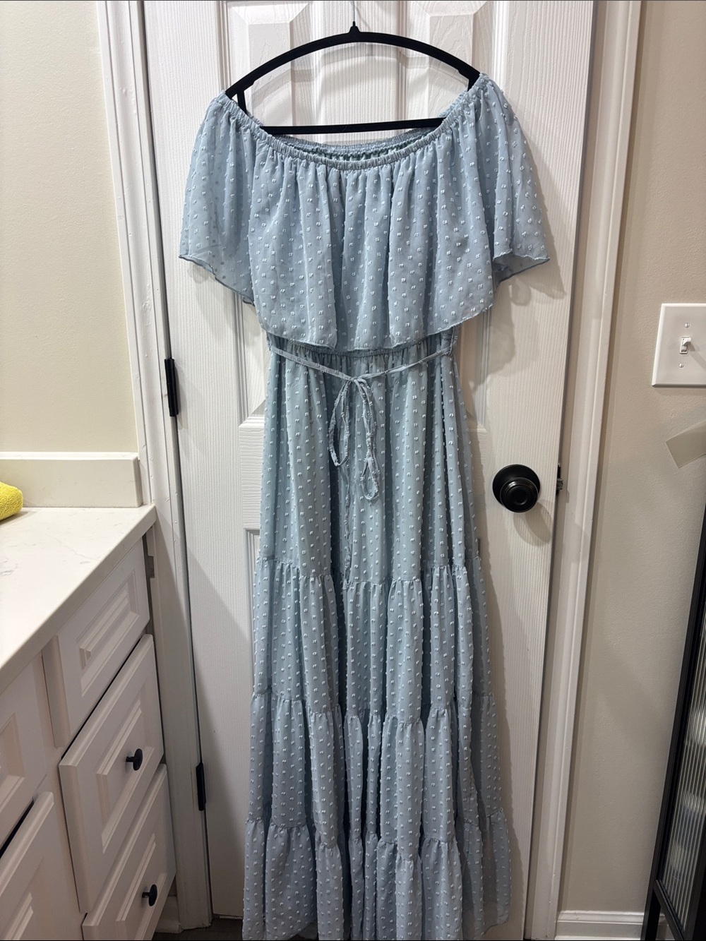 Off-Shoulder Light Blue Tiered Maxi Dress with Tie Waist